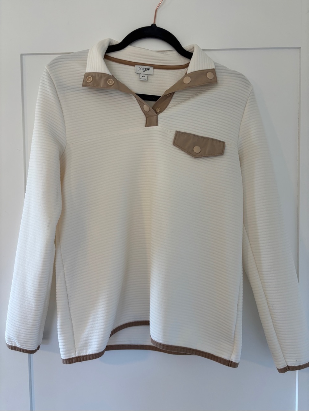 J. Crew Cream Pullover with Tan Trim Collar and Placket | Size XS